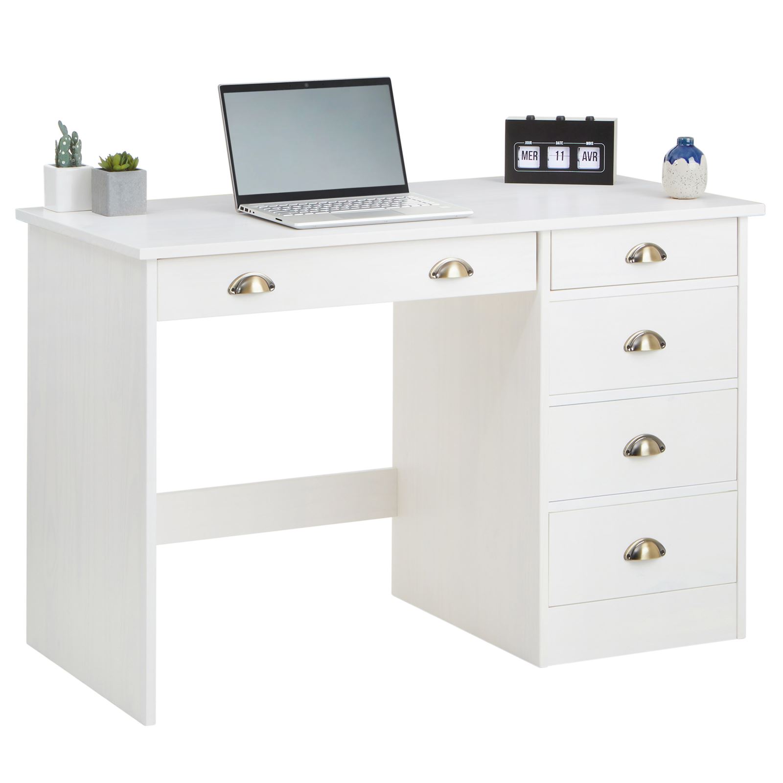 Schreibtisch LANA aus Kiefer in weiß mit 5 Schubladen und Muschelgriffen -  mobilia24