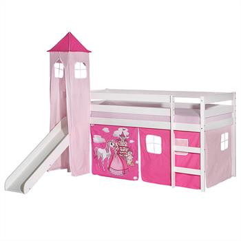 Rutschbett BENNY weiß mit Vorhang + Turm PRINZESSIN pink/rosa