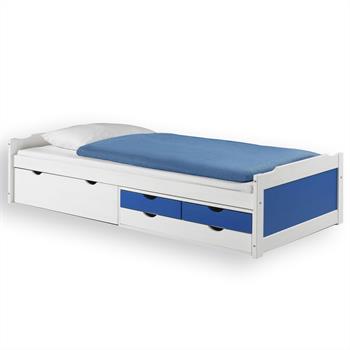 Bett mit Stauraum ANDREA, Kiefer massiv, weiss/blau, 90 x 200 cm