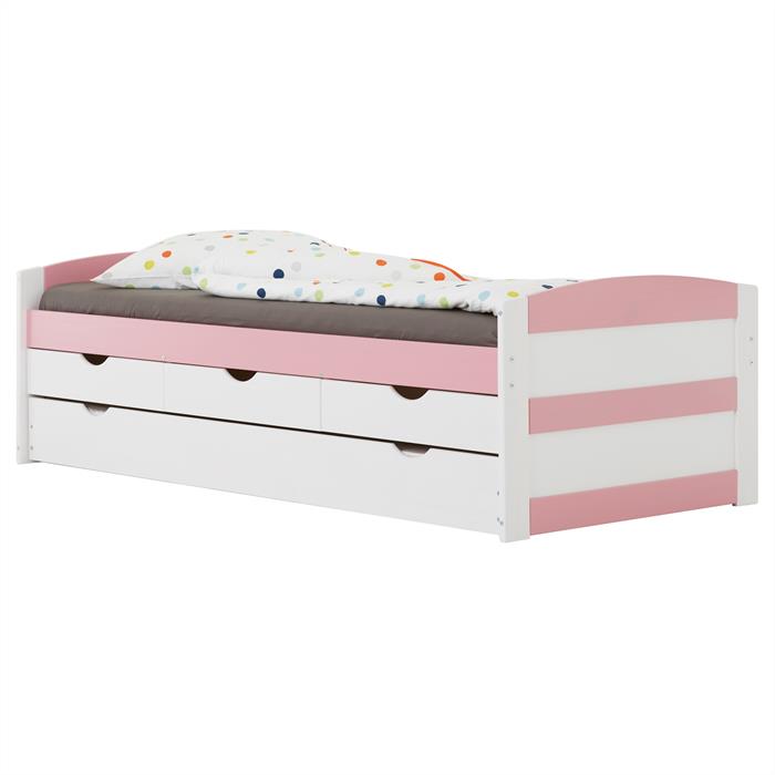 Bett mit Stauraum JESSY 90x200 cm, mit Ausziehbett in weiß/rosa