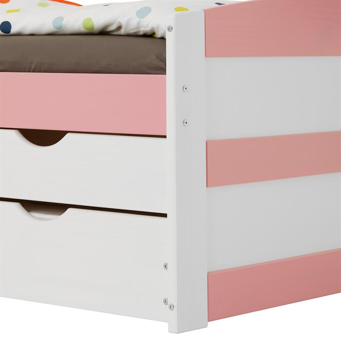 Bett mit Stauraum JESSY 90x200 cm, mit Ausziehbett in weiß/rosa