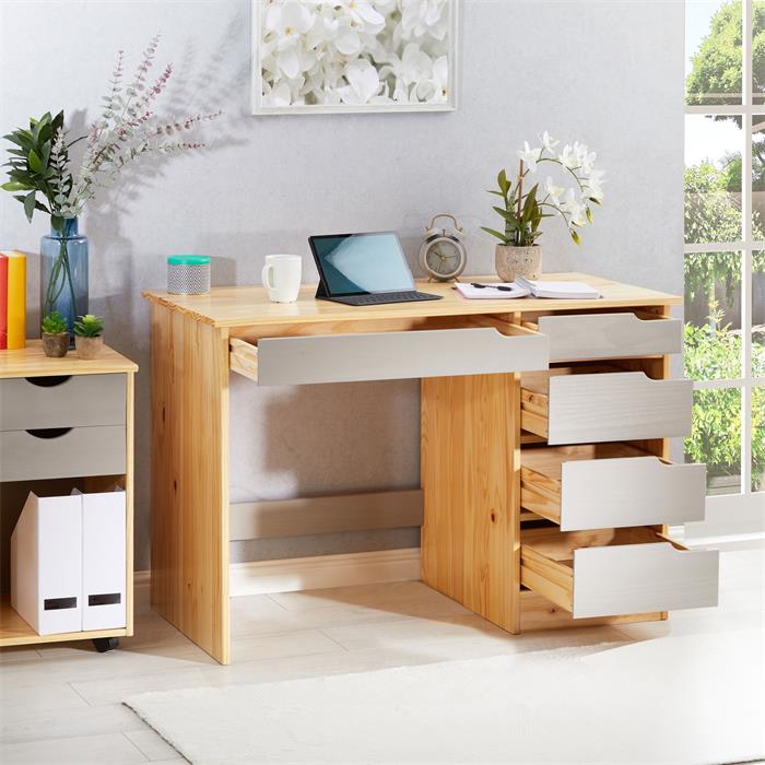 Schreibtisch HUGO in Kiefer massiv in natur/grau mit 5 Schubladen