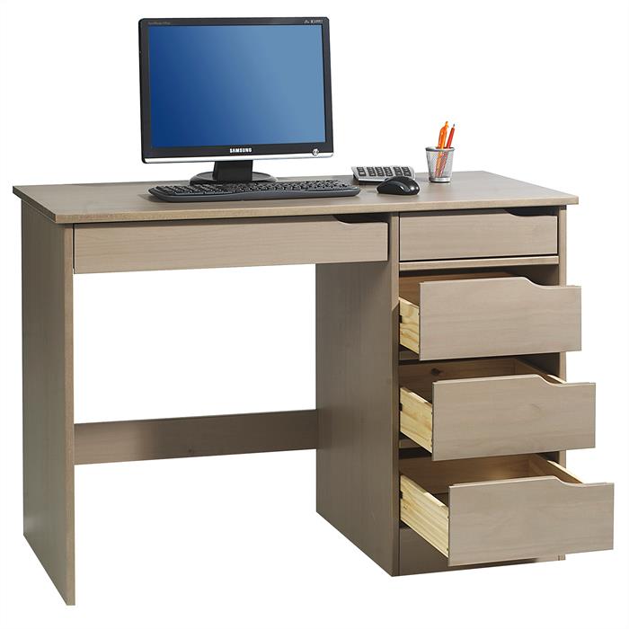 Schreibtisch HUGO in Kiefer massiv in taupe mit 5 Schubladen