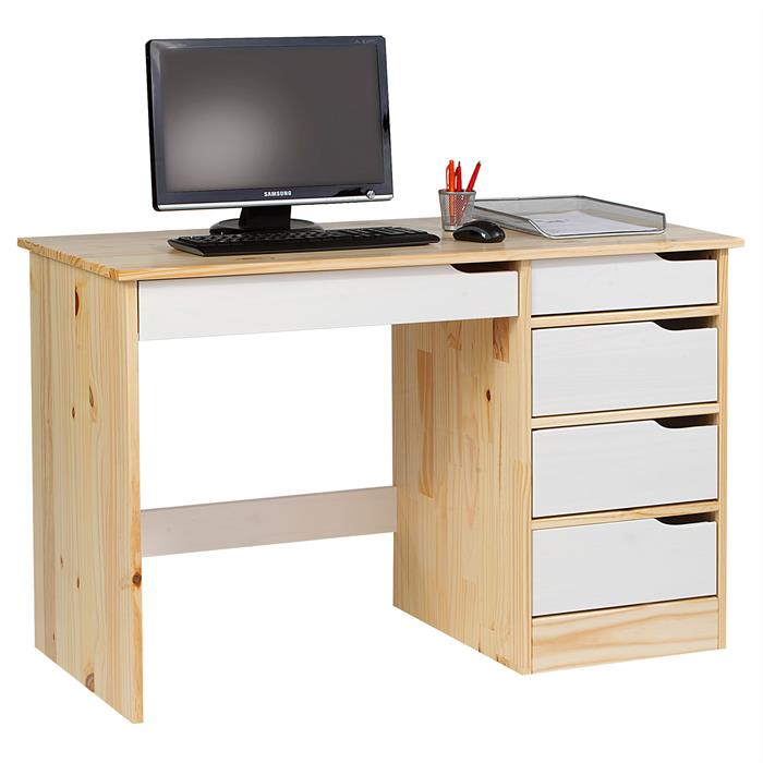 Schreibtisch HUGO in Kiefer massiv in natur/weiß mit 5 Schubladen