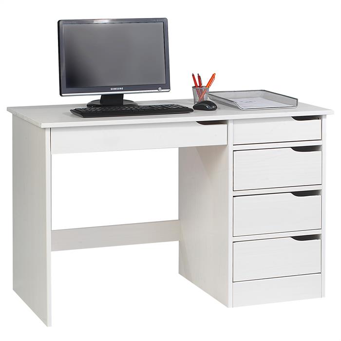 Schreibtisch HUGO in Kiefer massiv in weiß mit 5 Schubladen