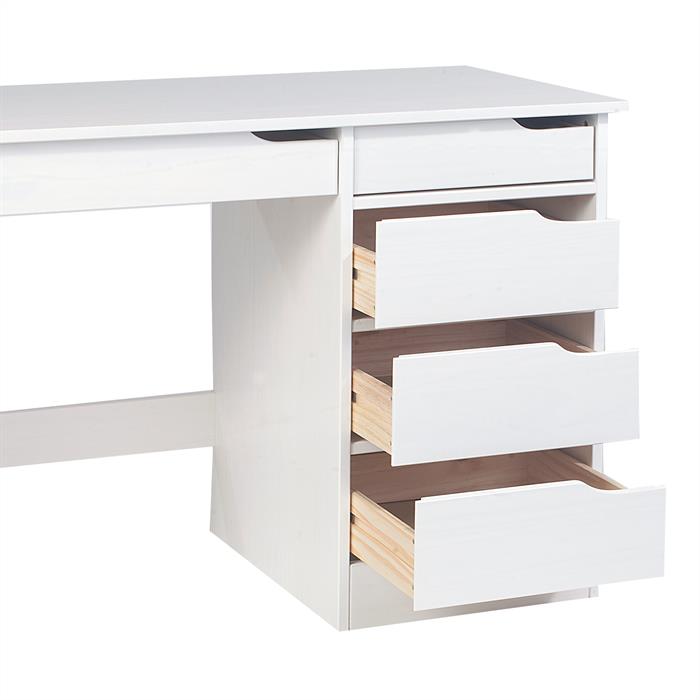 Schreibtisch HUGO in Kiefer massiv in weiß mit 5 Schubladen
