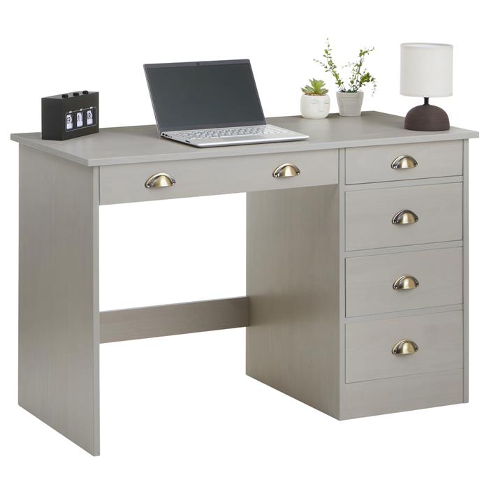 Schreibtisch LANA aus Kiefer in grau mit 5 Schubladen und Muschelgriffen