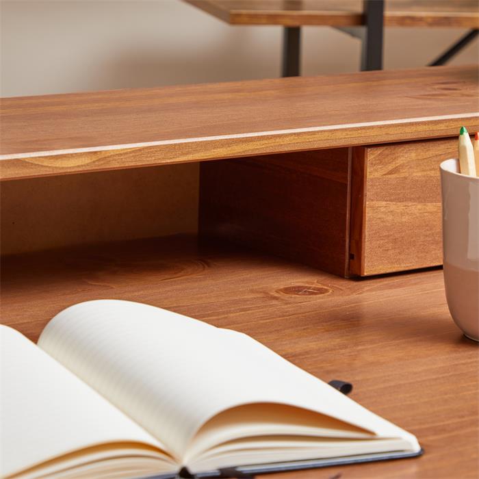 Schreibtisch MALINA mit Aufsatz und Schublade, aus Kiefer kastanienfarben