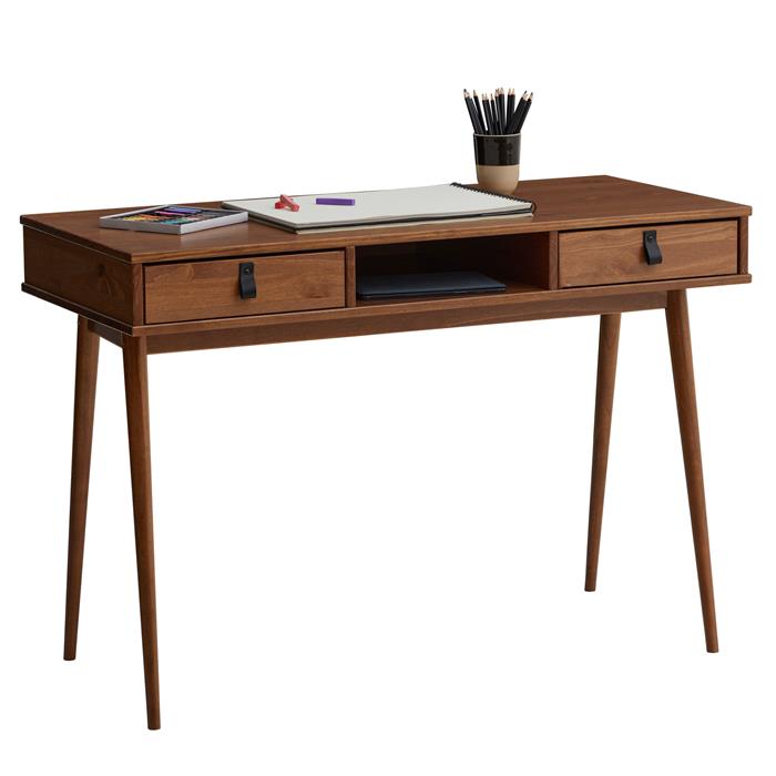 Schreibtisch KIM mit 2 Schubladen, aus Kiefer massiv in kastanienfarben