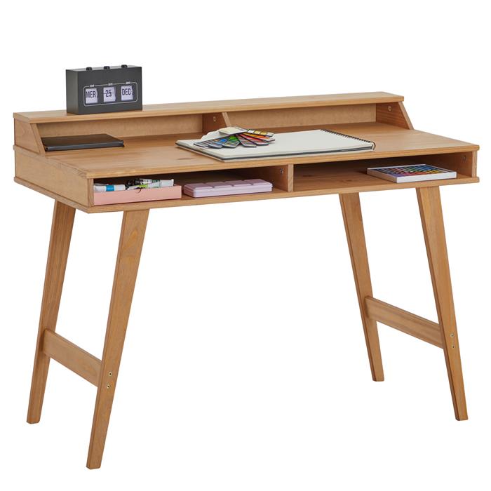 Schreibtisch LUNA mit 2 offenen Fächern, aus Kiefer in braun